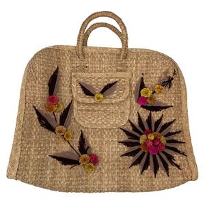 Vintage Straw Woven Tote Bag Floral Applique Sunburst Pocket‎ Large Shoulder